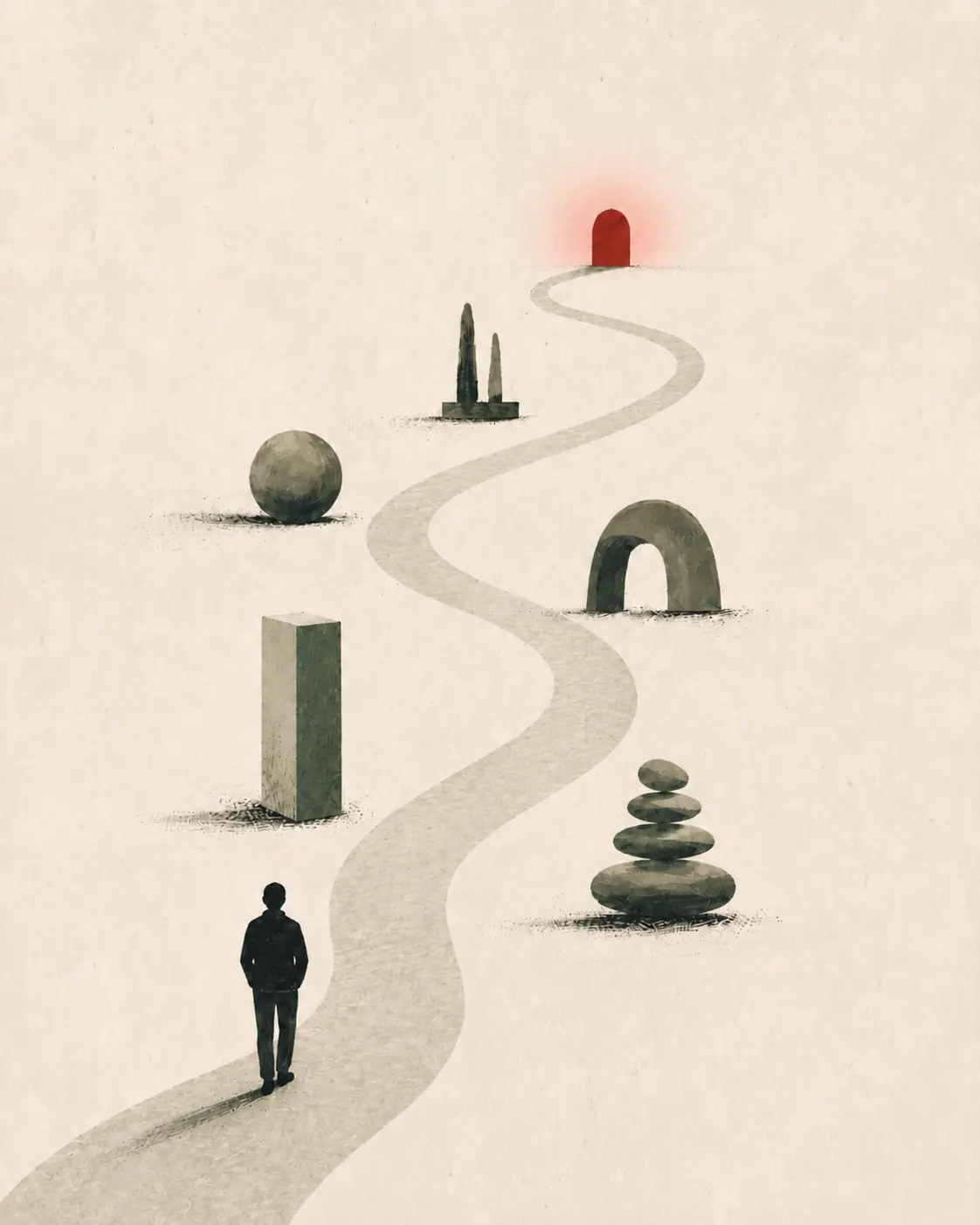 A figure standing at the start of a deliberate path leading toward a clear destination — a visual metaphor for decision confidence in B2B buying