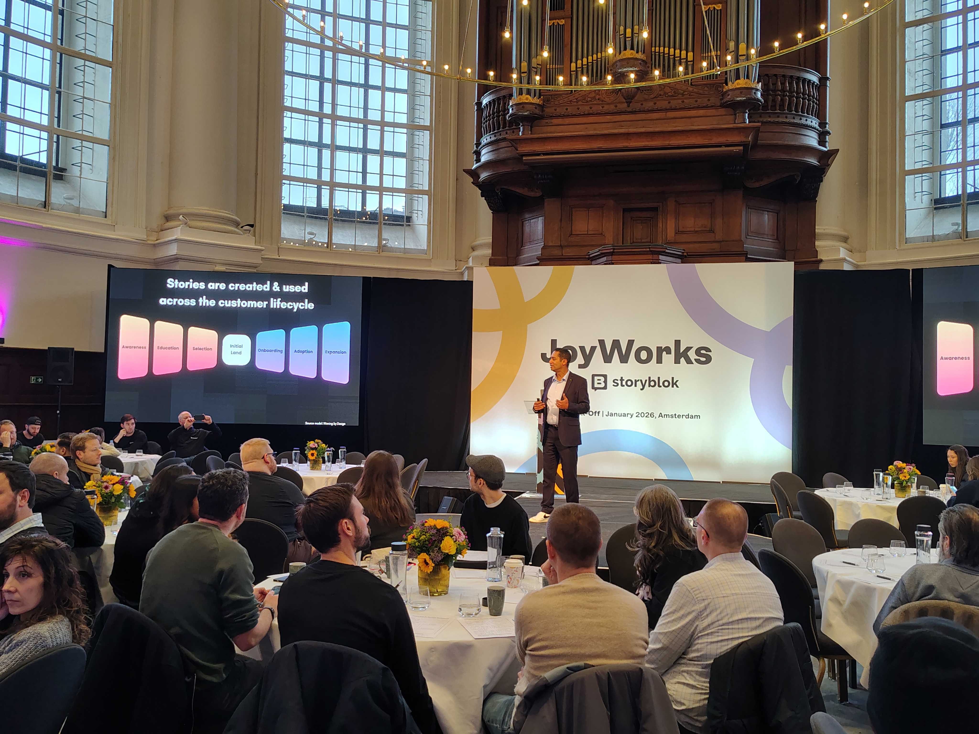 Commercial Storytelling workshop session — Nix presenting at Storyblok SKO, Amsterdam, January 2026